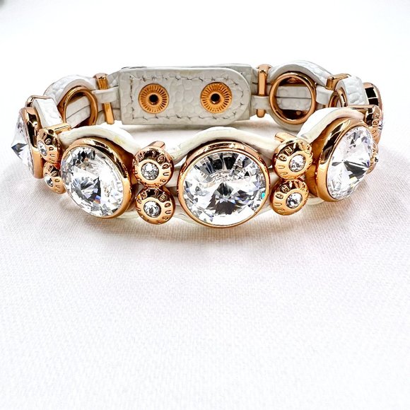 henri bendel Jewelry - 💖HP💖 Henri Bendel - Clear Jeweled Gold Tone Rivet Woven White Leather Bracelet
